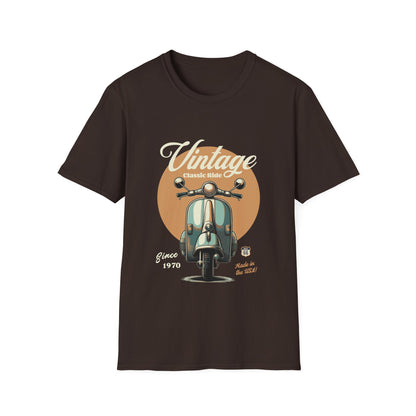 Brown t-shirt with vintage scooter graphic and text on a white background