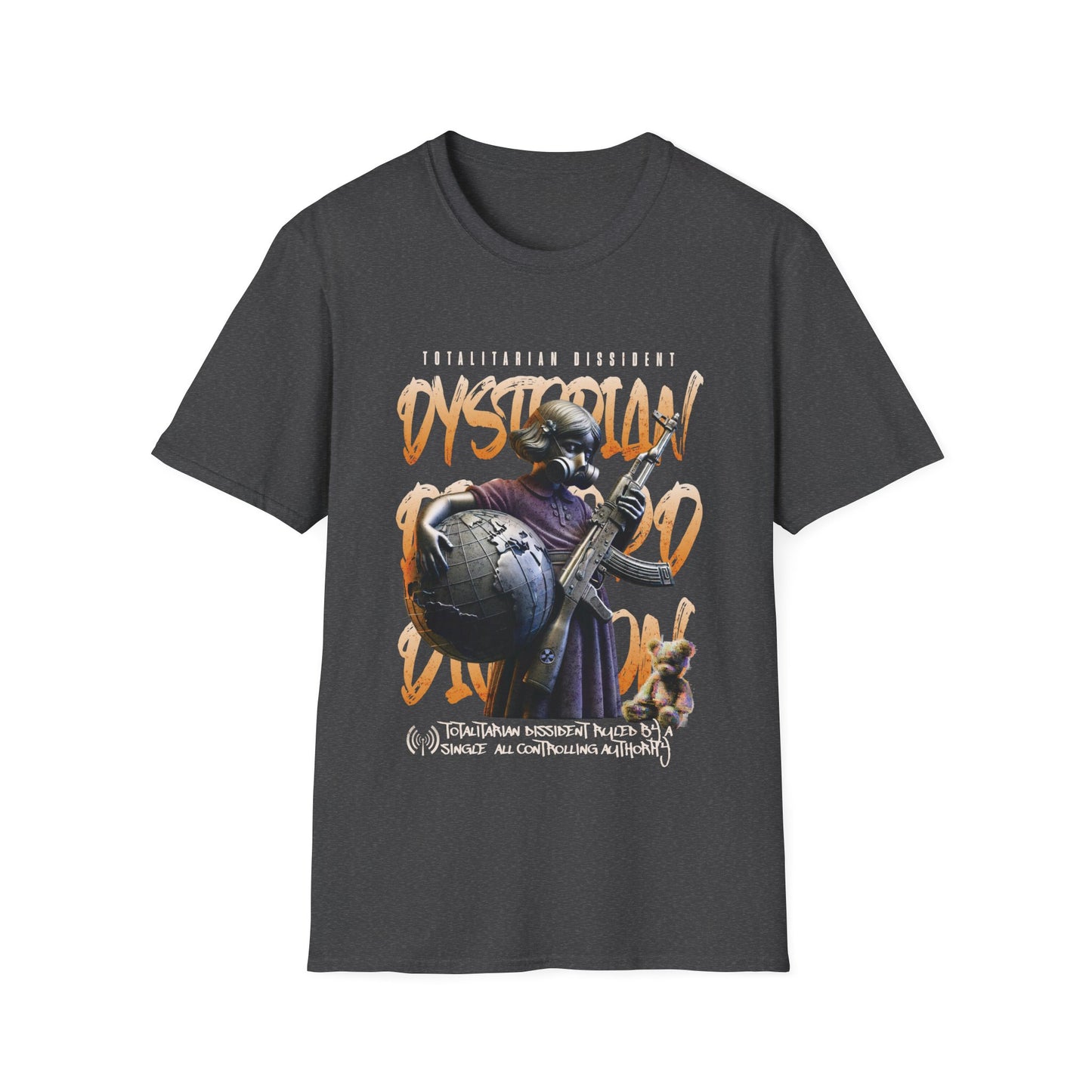 A heather grey dystopian streetwear tee showing a tactical gas-masked figure against a fractured world map with "Dystopian" and "Totalitarian Dissident" typography in a gritty, industrial aesthetic.