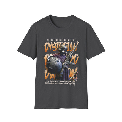 A heather grey dystopian streetwear tee showing a tactical gas-masked figure against a fractured world map with "Dystopian" and "Totalitarian Dissident" typography in a gritty, industrial aesthetic.