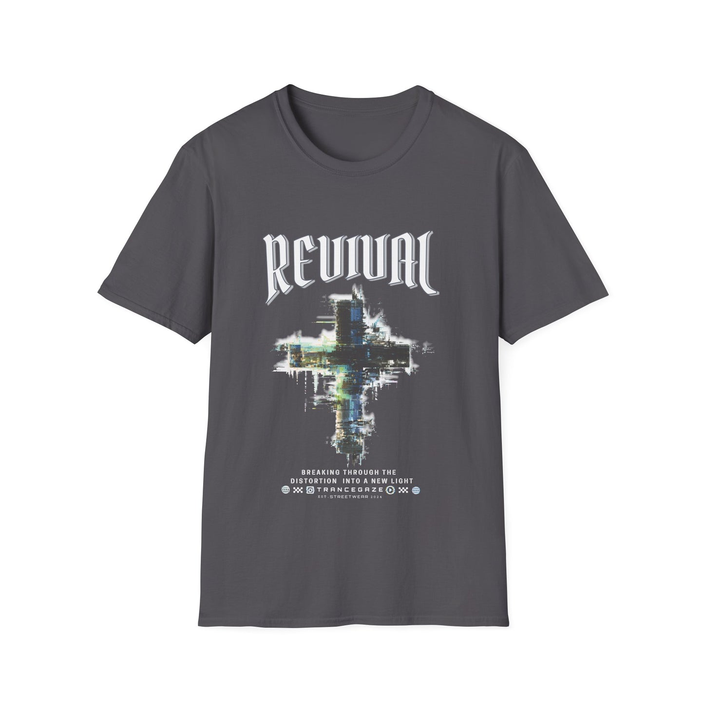 A charcoal Christian streetwear T-shirt for men featuring a distressed Revival cross graphic with urban glitch art.