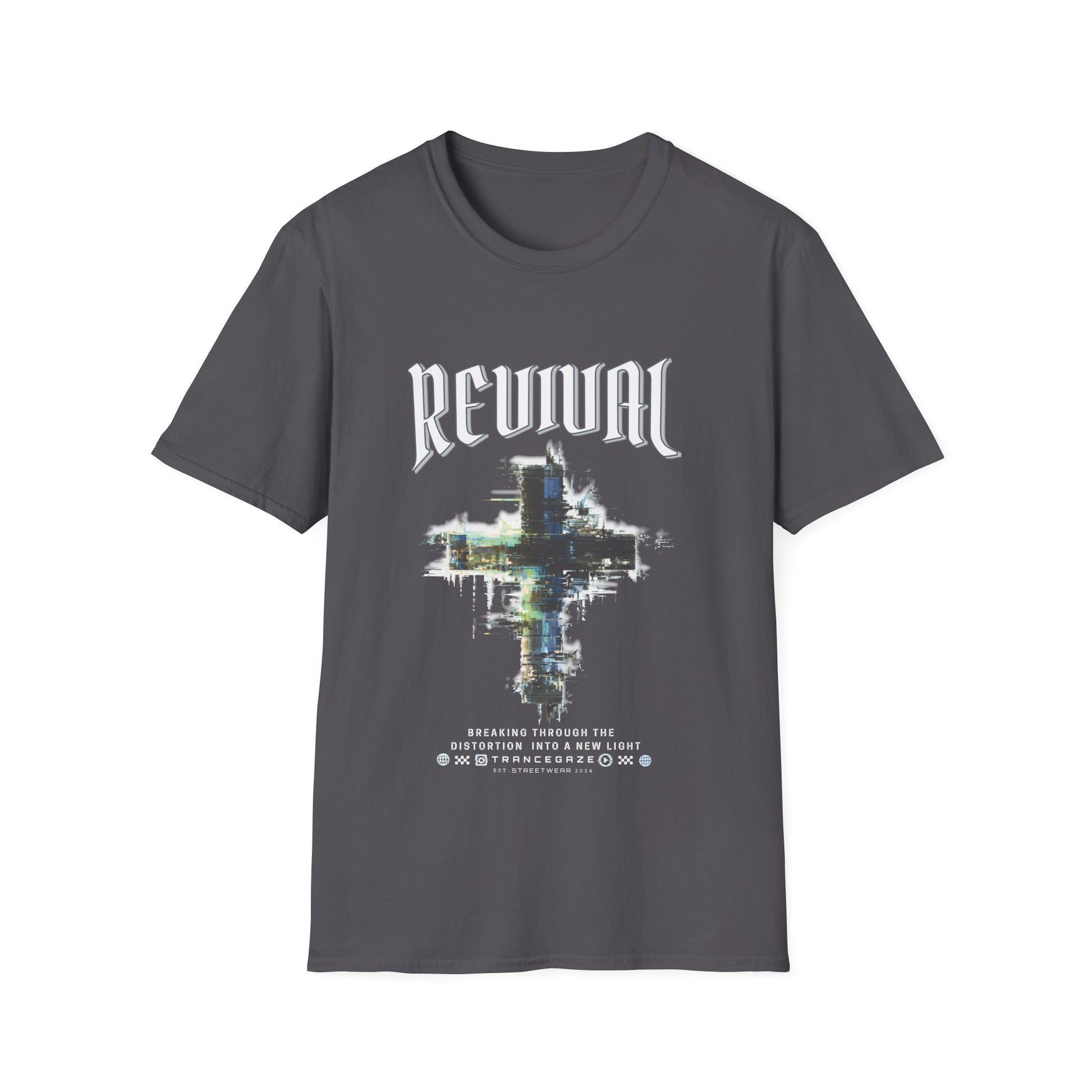 A charcoal Christian streetwear T-shirt for men featuring a distressed Revival cross graphic with urban glitch art.