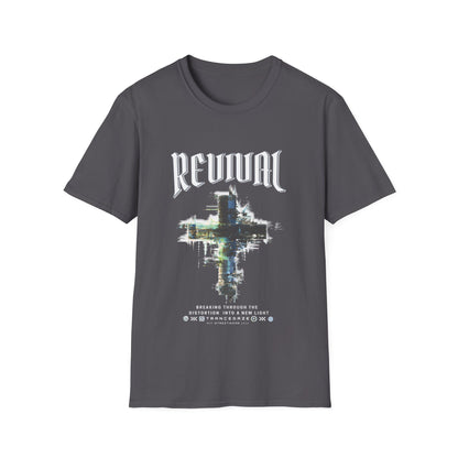 A charcoal Christian streetwear T-shirt for men featuring a distressed Revival cross graphic with urban glitch art.