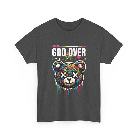 A heather grey t-shirt with a colorful graphic of a bear and the text 'GOD OVER EVERYTHING' on the front.