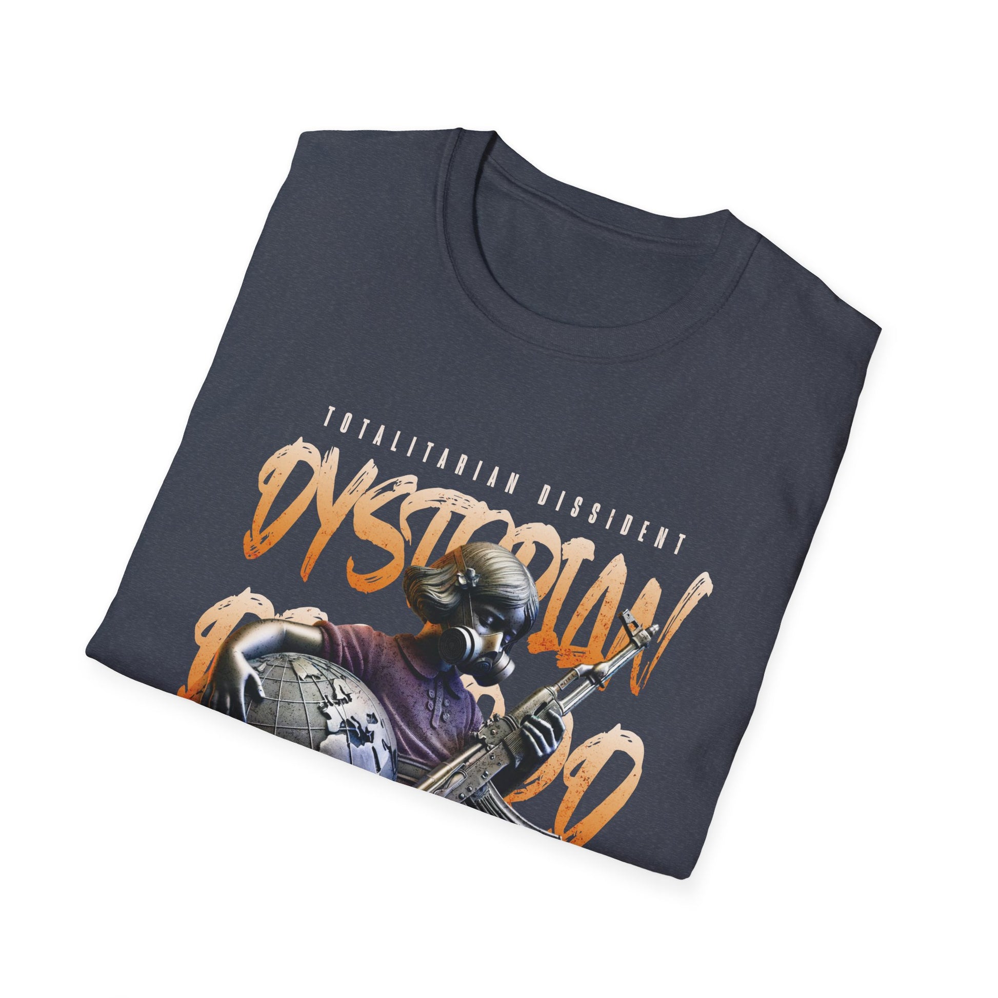 Folded grey t-shirt with the text "Totalitarian Dissident" text.