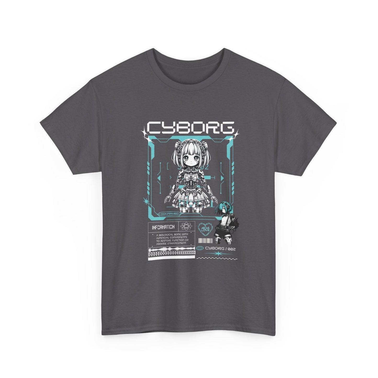 Gray t-shirt with 'Cyborg' graphic design on a white background
