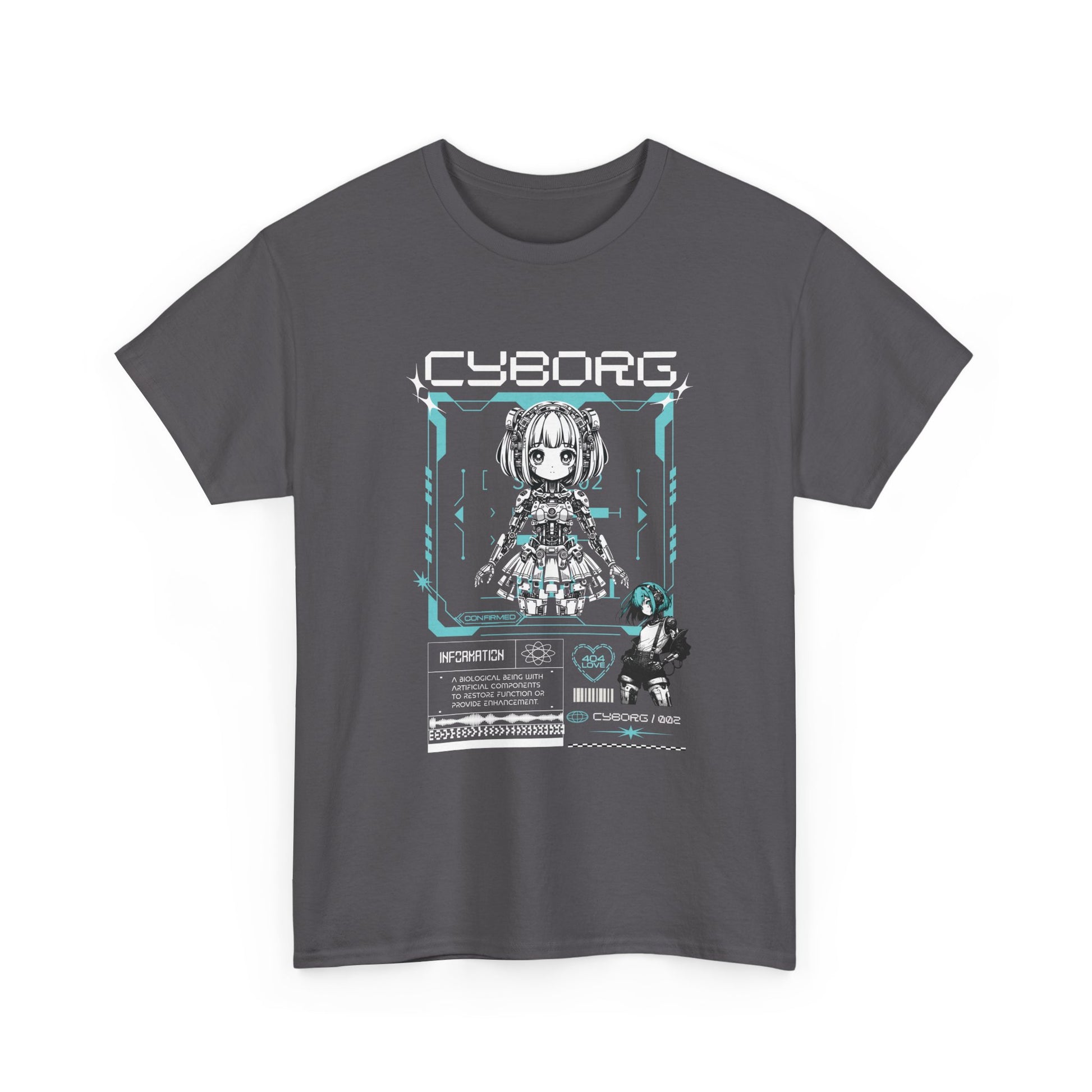 Gray t-shirt with 'Cyborg' graphic design on a white background