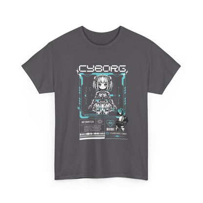 Gray t-shirt with 'Cyborg' graphic design on a white background