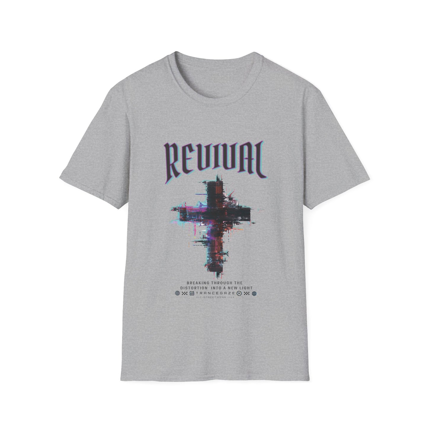 A sport grey Christian streetwear T-shirt for men featuring a distressed Revival cross graphic with urban glitch art.