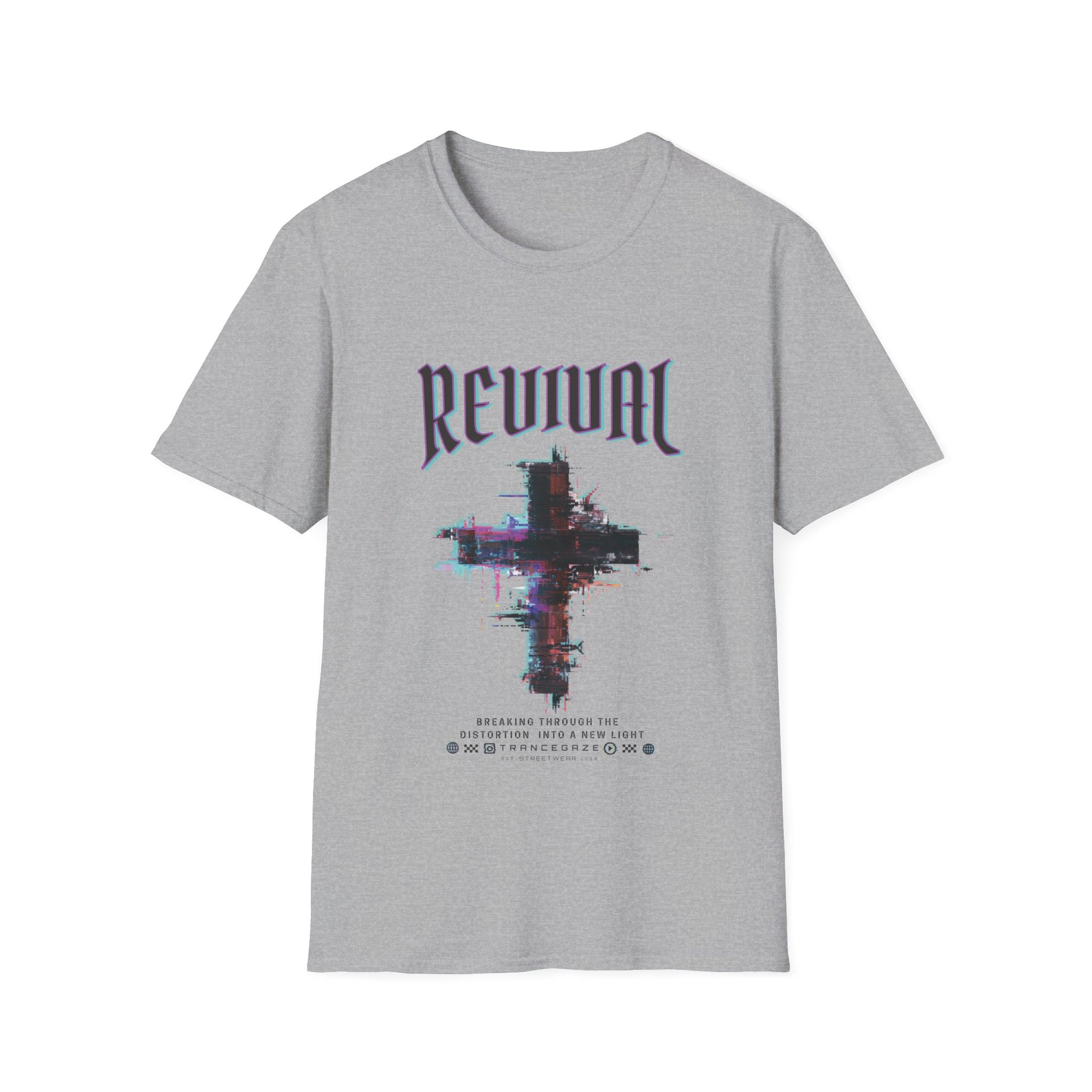 A sport grey Christian streetwear T-shirt for men featuring a distressed Revival cross graphic with urban glitch art.