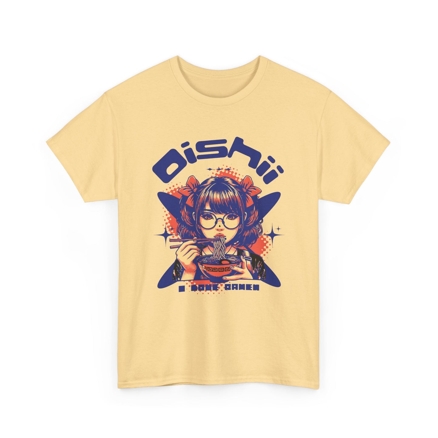 Kawaii Ramen Noodle Graphic Tee, Harajuku style streetwear shirt with anime girl foodie design and Oishii (Delicious) text, Yellow Haze cotton t-shirt.