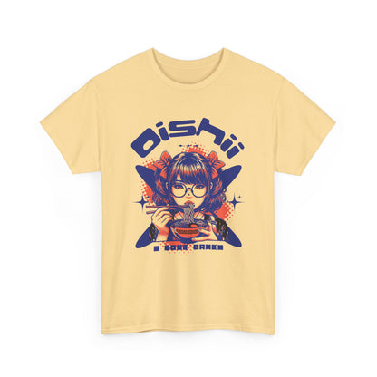 Kawaii Ramen Noodle Graphic Tee, Harajuku style streetwear shirt with anime girl foodie design and Oishii (Delicious) text, Yellow Haze cotton t-shirt.