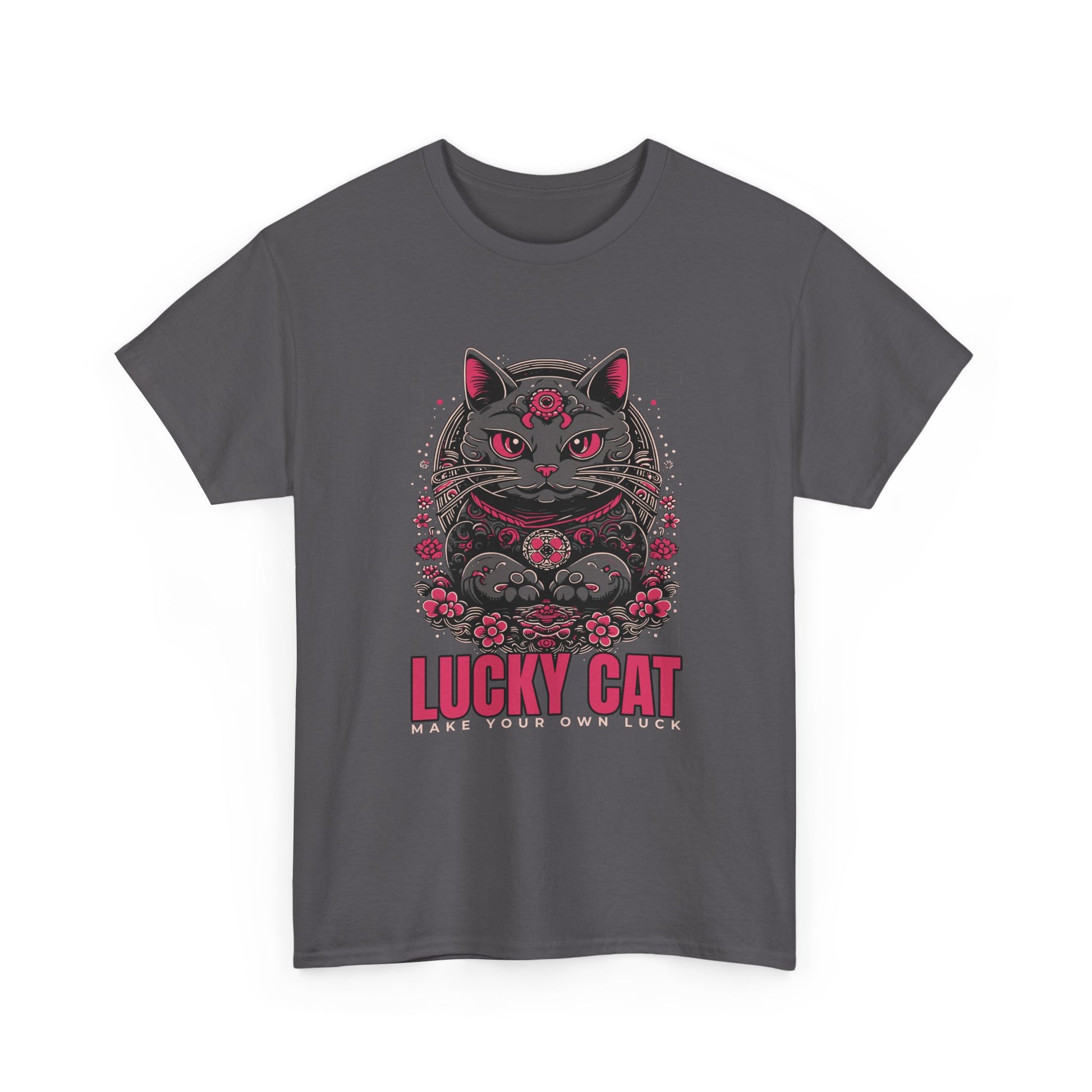 A grey t-shirt with a Japanese Meneki-neko cat graphic and the text 'Lucky Cat' on a white background.