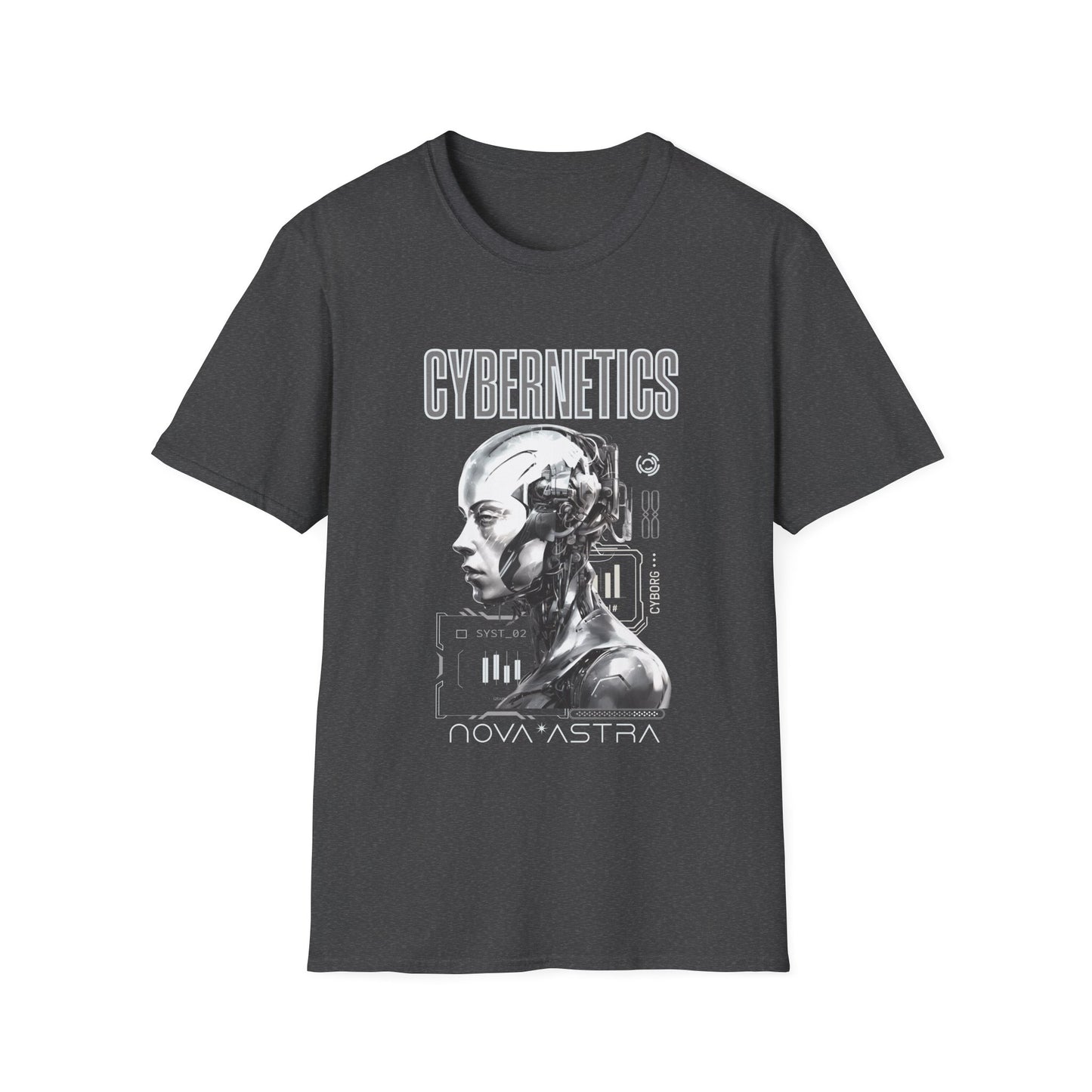 Dark gray t-shirt with a robot graphic and 'Cybernetics Nova Astra' text on a white background