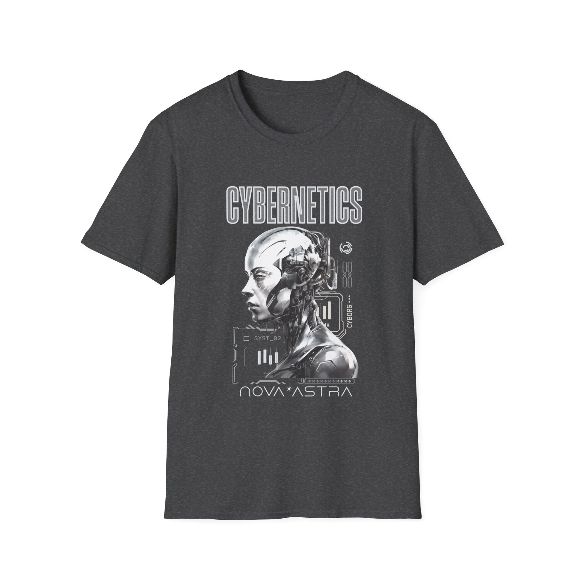 Dark gray t-shirt with a robot graphic and 'Cybernetics Nova Astra' text on a white background