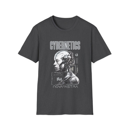 Dark gray t-shirt with a robot graphic and 'Cybernetics Nova Astra' text on a white background
