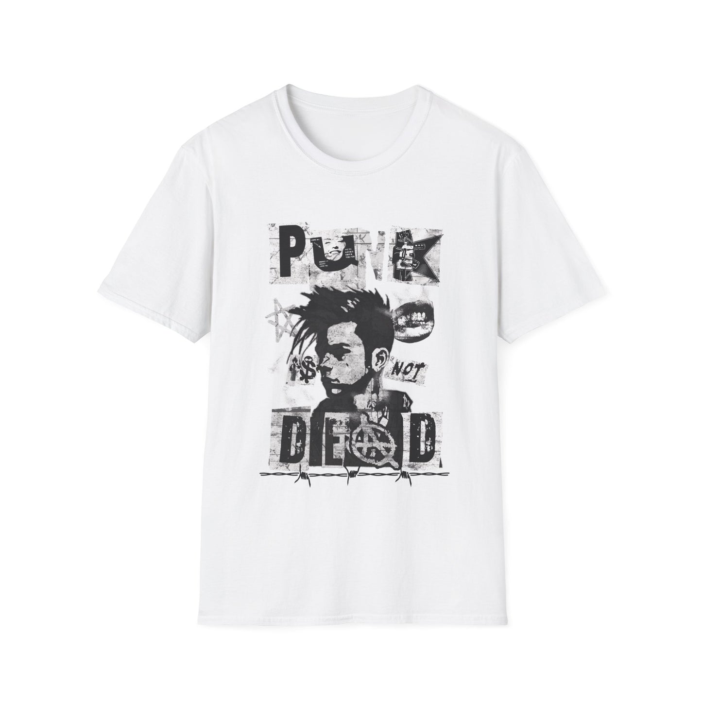 A white streetwear t-shirt featuring a bold black ink collage graphic. The design includes a cropped portrait of a person with a mohawk, an anarchy symbol, jagged stars, and barbed wire accents. The phrase 'PUNK IS NOT DEAD' is spelled out in large, spiky, distressed block lettering across the design.