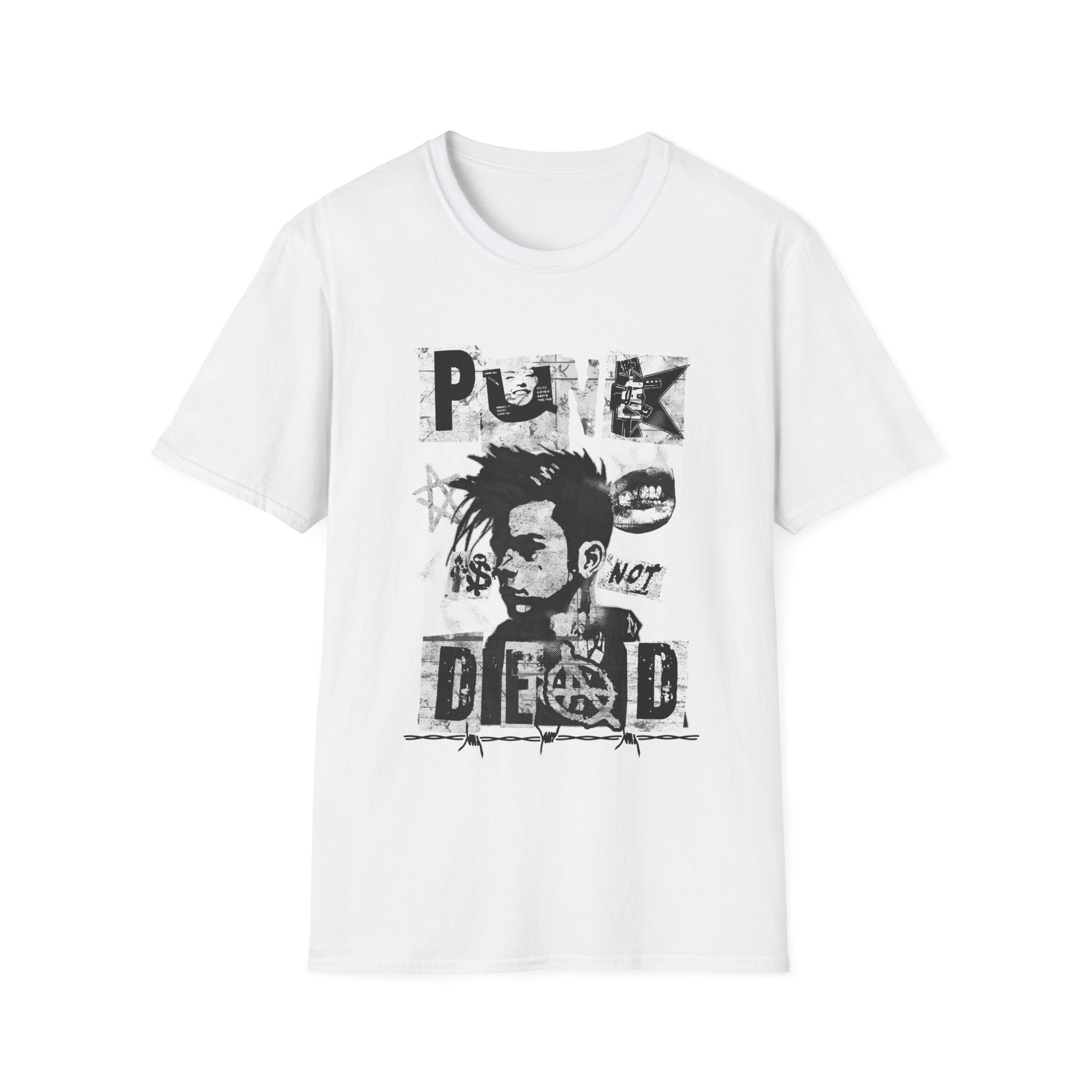 A white streetwear t-shirt featuring a bold black ink collage graphic. The design includes a cropped portrait of a person with a mohawk, an anarchy symbol, jagged stars, and barbed wire accents. The phrase 'PUNK IS NOT DEAD' is spelled out in large, spiky, distressed block lettering across the design.