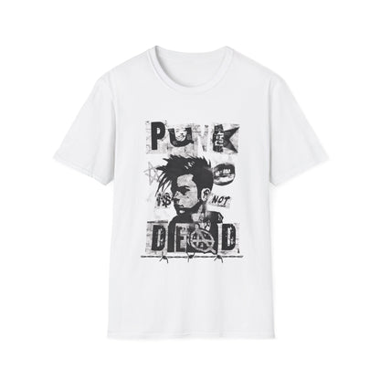 A white streetwear t-shirt featuring a bold black ink collage graphic. The design includes a cropped portrait of a person with a mohawk, an anarchy symbol, jagged stars, and barbed wire accents. The phrase 'PUNK IS NOT DEAD' is spelled out in large, spiky, distressed block lettering across the design.