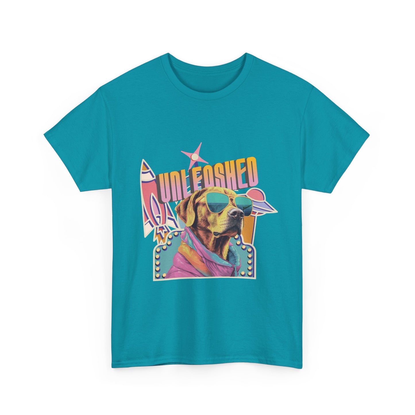 Tropical blue t-shirt with a colorful vintage spaceship graphic of a dog wearing sunglasses and text that reads 'Unleashed'.