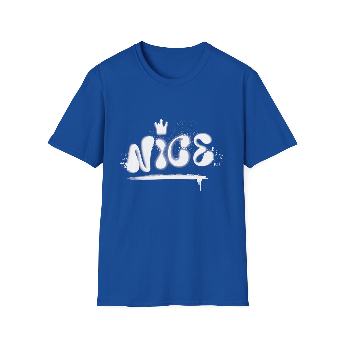 Royal blue hip hop t-shirt with 'NICE' spray painted on the front.