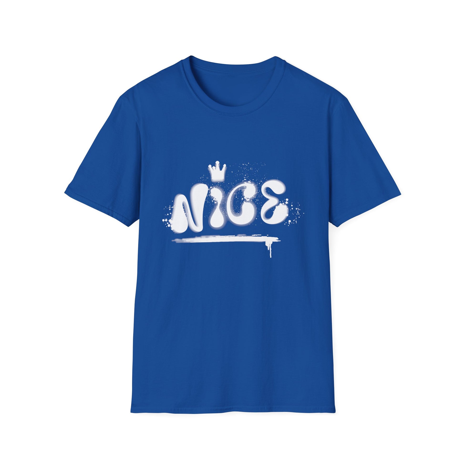 Royal blue hip hop t-shirt with 'NICE' spray painted on the front.