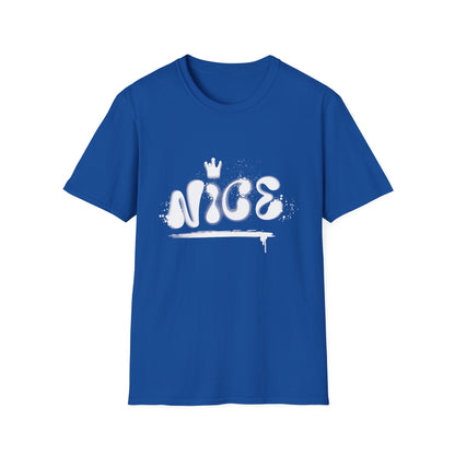 Royal blue hip hop t-shirt with 'NICE' spray painted on the front.