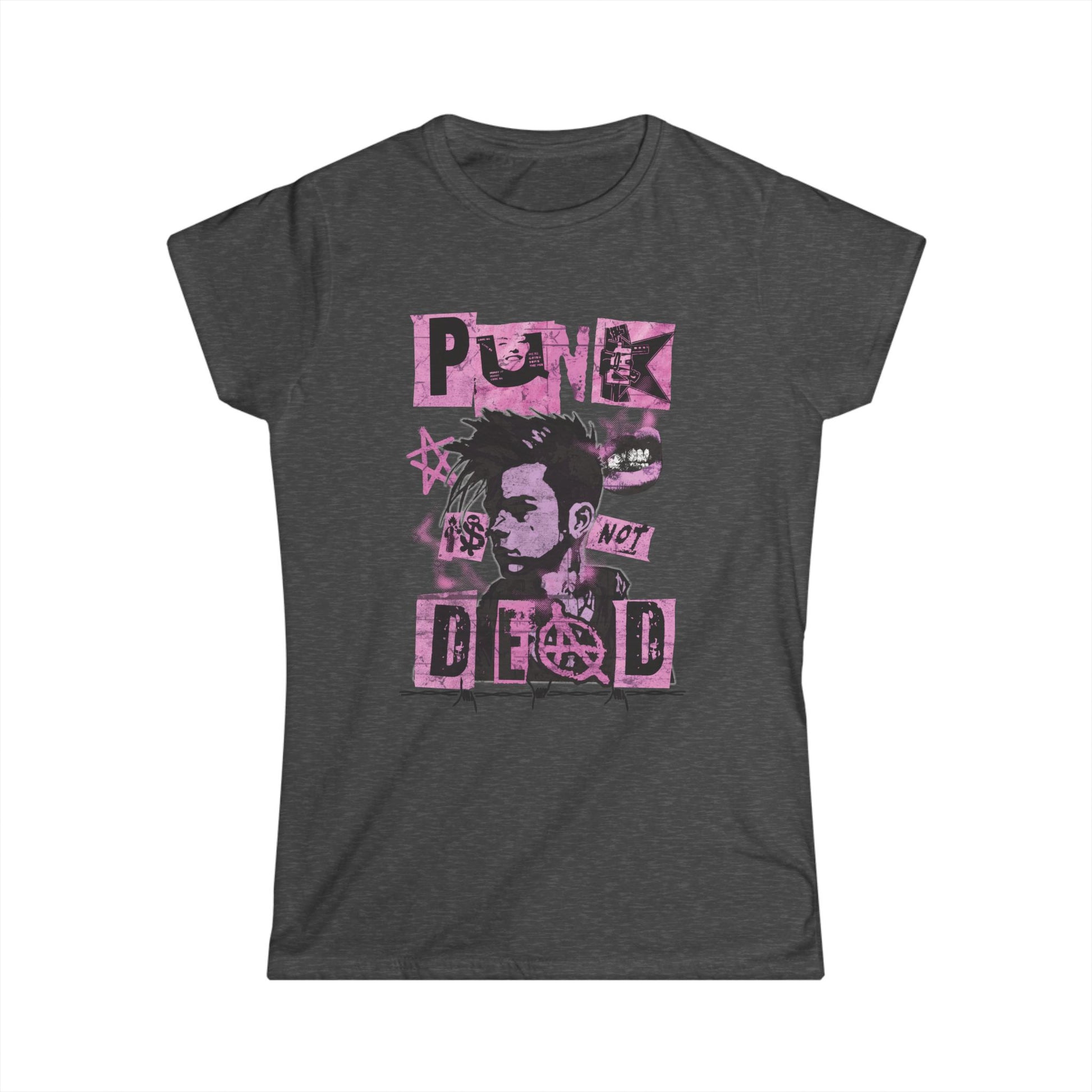 A dark heather gray women's semi-fitted t-shirt featuring a pink and black punk-inspired collage graphic. The design includes a distressed portrait, the phrase 'PUNK IS NOT DEAD' in torn block lettering, and symbols like an anarchy sign and jagged stars, resembling a street poster.