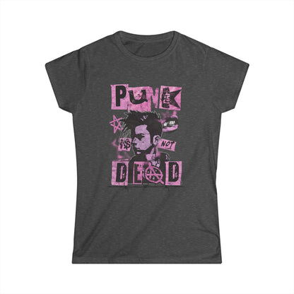 A dark heather gray women's semi-fitted t-shirt featuring a pink and black punk-inspired collage graphic. The design includes a distressed portrait, the phrase 'PUNK IS NOT DEAD' in torn block lettering, and symbols like an anarchy sign and jagged stars, resembling a street poster.