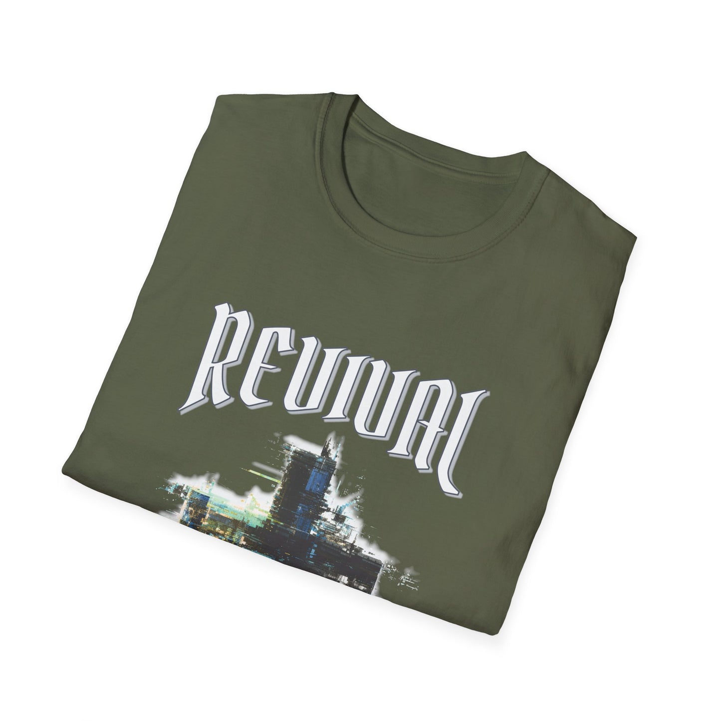 Folded green t-shirt with 'Revival' text and cityscape design on a white background