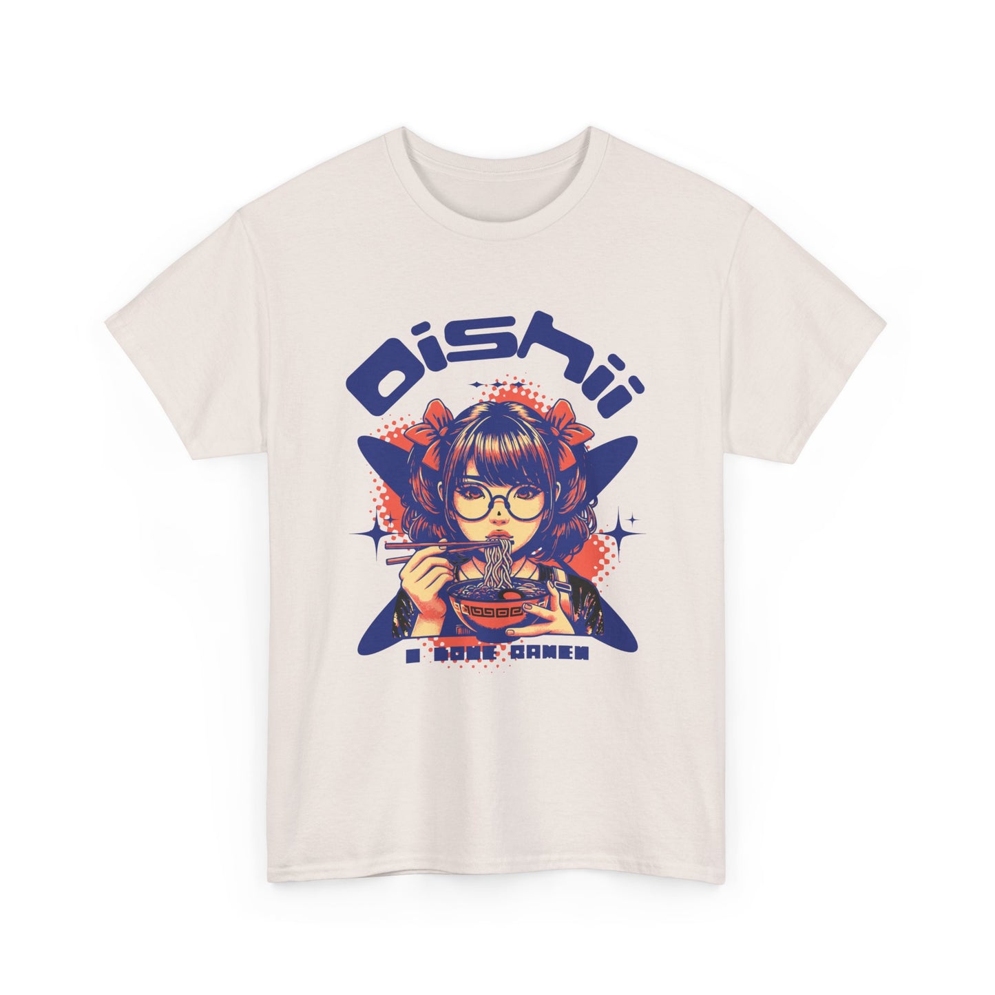Kawaii Ramen Noodle Graphic Tee, Harajuku style streetwear shirt with anime girl foodie design and Oishii (Delicious) text, Ice Grey cotton t-shirt.