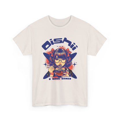 Kawaii Ramen Noodle Graphic Tee, Harajuku style streetwear shirt with anime girl foodie design and Oishii (Delicious) text, Ice Grey cotton t-shirt.