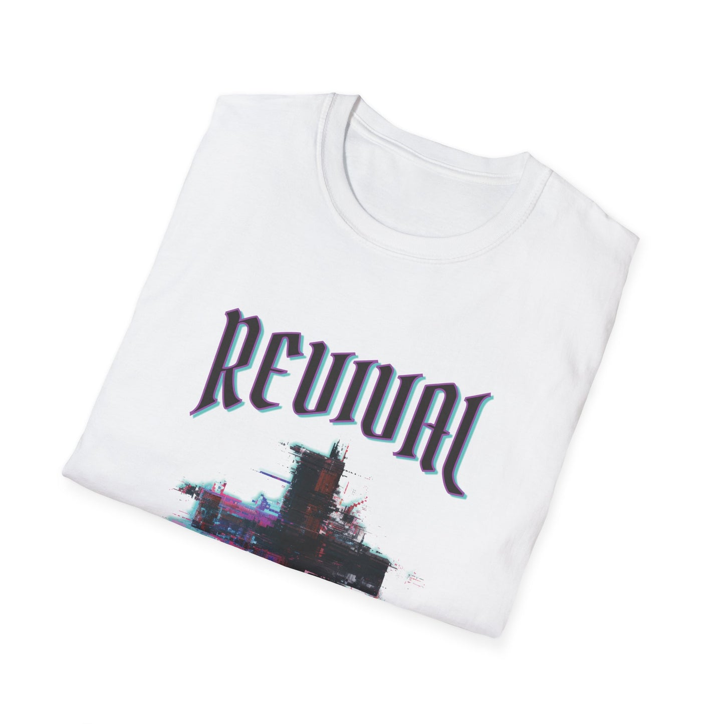White t-shirt with 'Revival' text and graphic design on a white background
