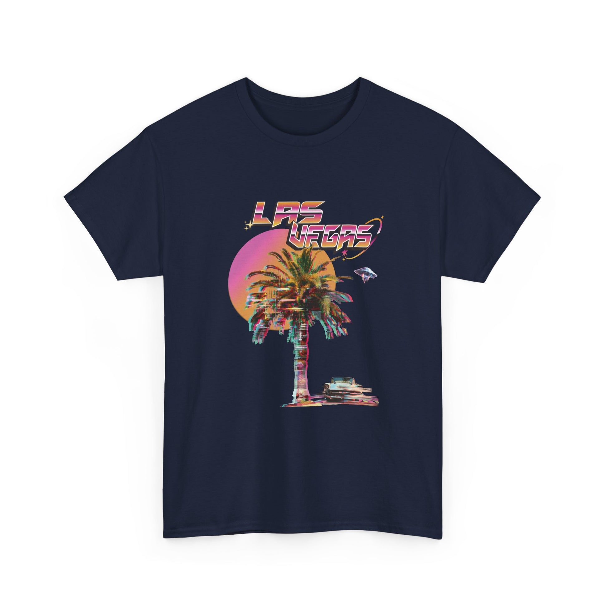 Navy blue t-shirt with 'Las Vegas' graphic design featuring a palm tree and cityscape on a white background.
