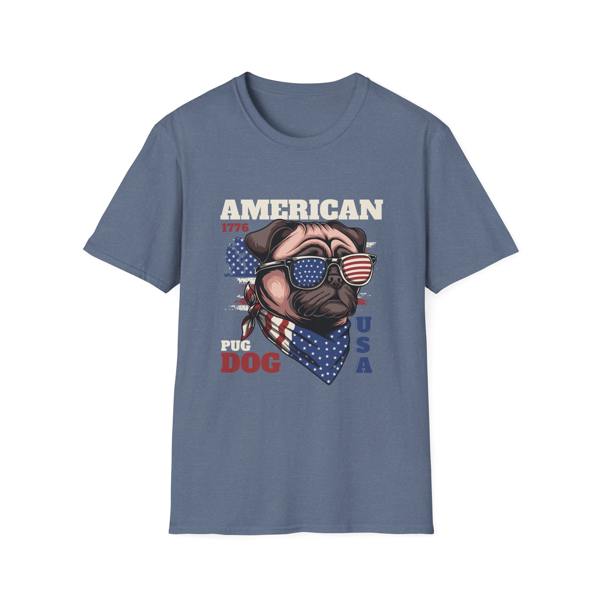A heather indigo t-shirt with a Pug Dog graphic wearing a red, white, and blue American flag kerchief and sunglasses and text that reads 'American'.