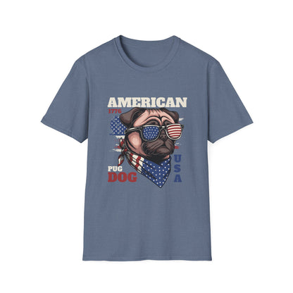 A heather indigo t-shirt with a Pug Dog graphic wearing a red, white, and blue American flag kerchief and sunglasses and text that reads 'American'.