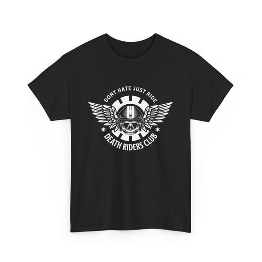 A black t-shirt with a skull with wings logo, and the text 'Death Riders Club' printed on the front.