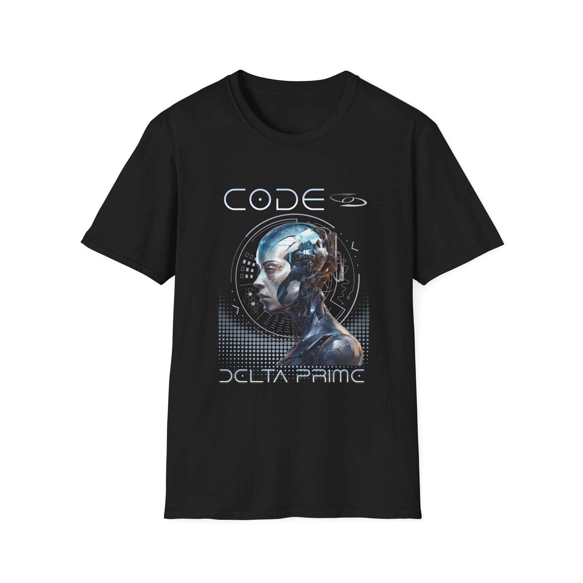 A black t-shirt with 'CODE' and 'DELTA PRIME' text with a cyborg woman graphic design. 
