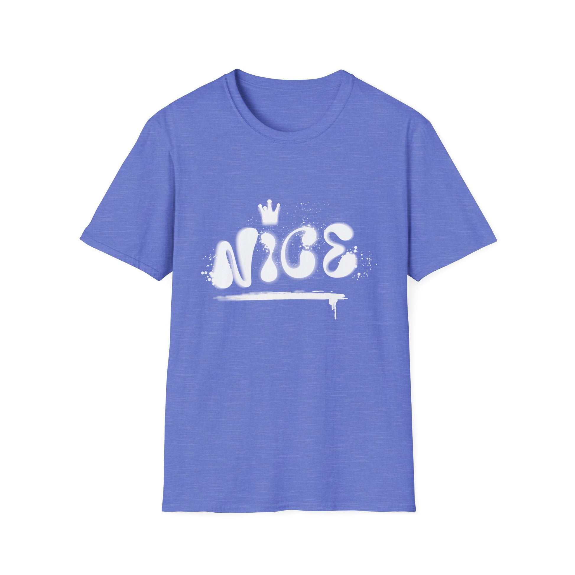 Heather lavender hip hop t-shirt with 'NICE' spray painted on the front.