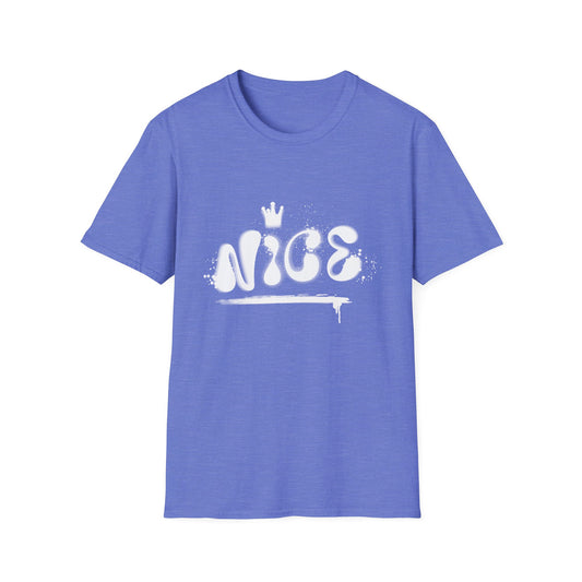 Heather lavender hip hop t-shirt with 'NICE' spray painted on the front.