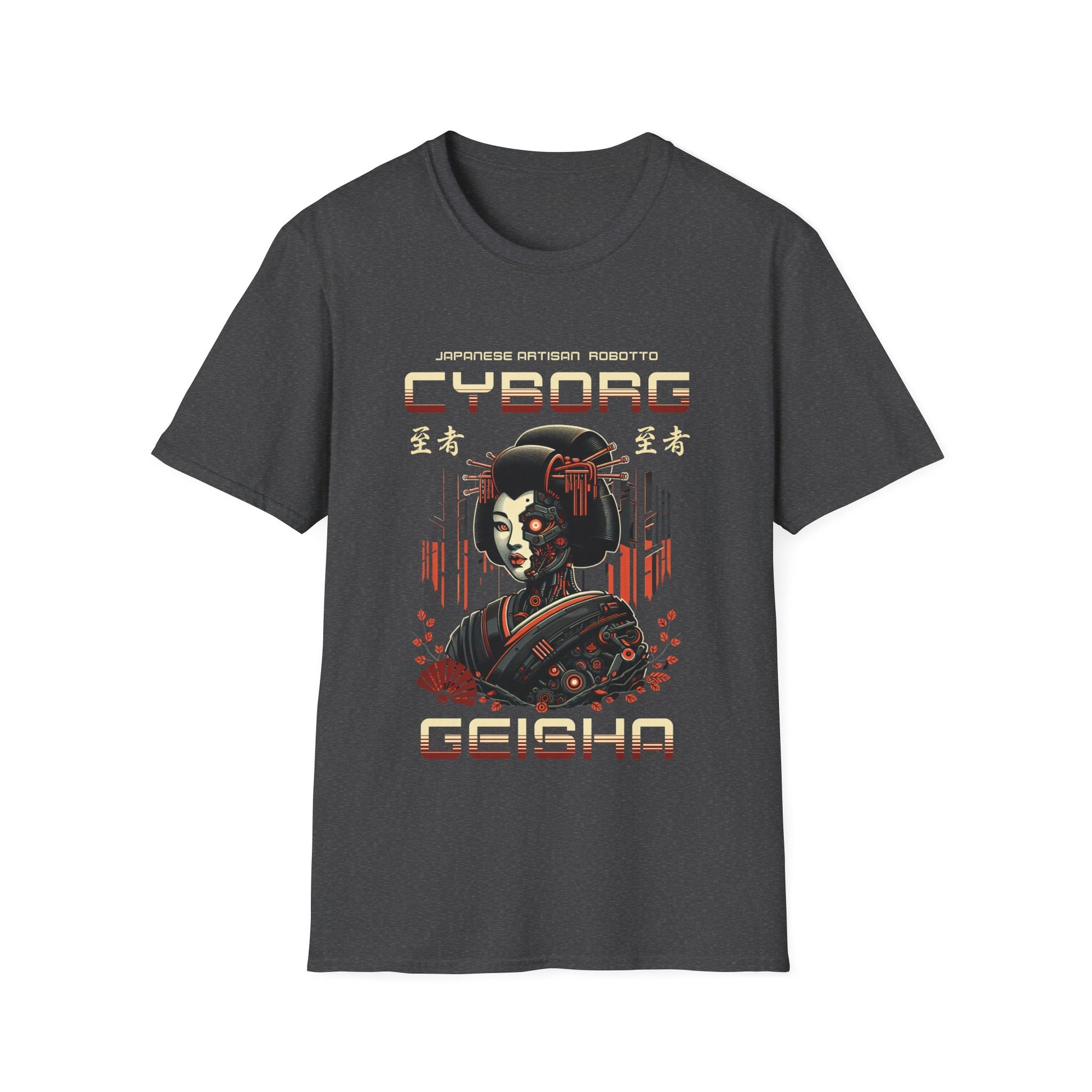 A dark heather grey t-shirt for men & women with a Japanese robot woman and text that reads  "Cyborg Geisha"