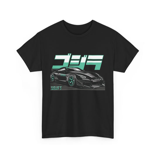 A black graphic tee featuring a drift racing theme with a car and text design.