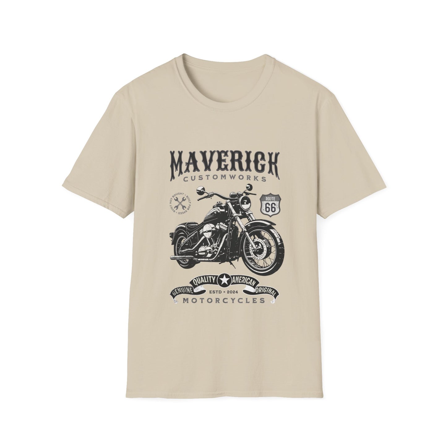 Beige t-shirt with black motorcycle graphic and text on a white background