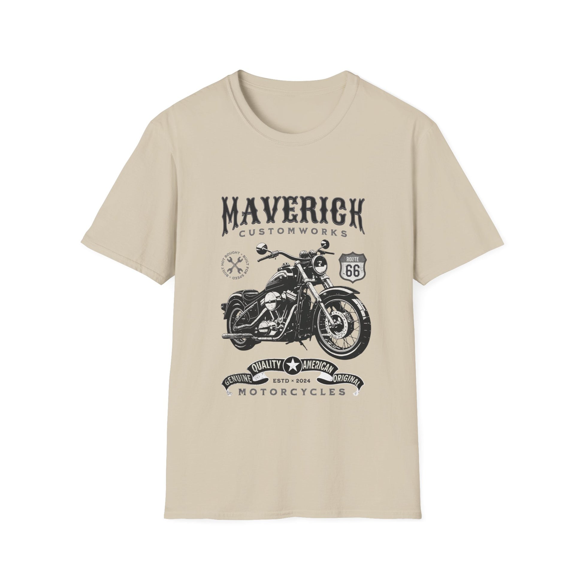 Beige t-shirt with black motorcycle graphic and text on a white background