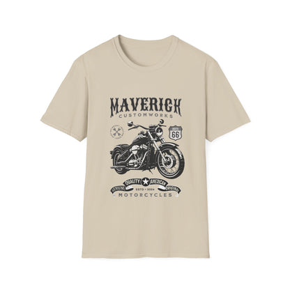 Beige t-shirt with black motorcycle graphic and text on a white background