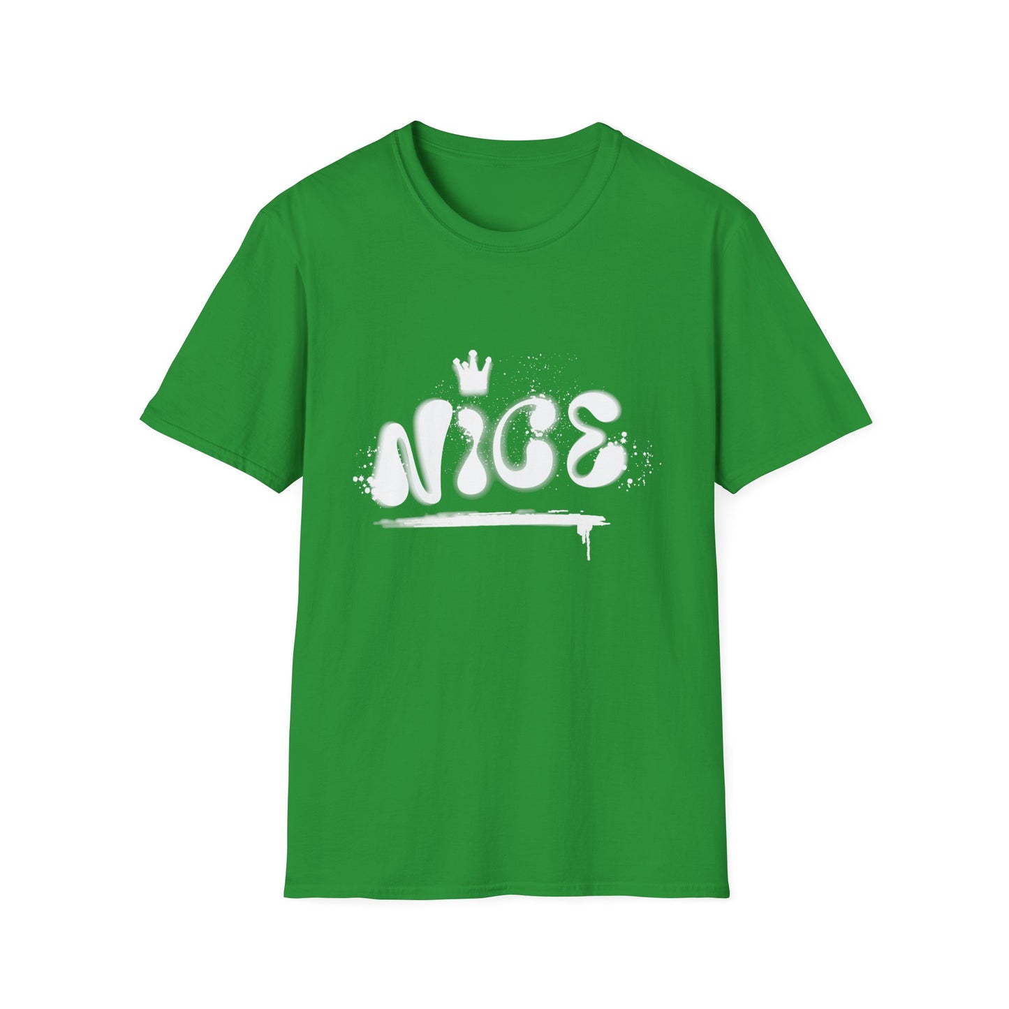 Green hip hop t-shirt with 'NICE' spray painted on the front.