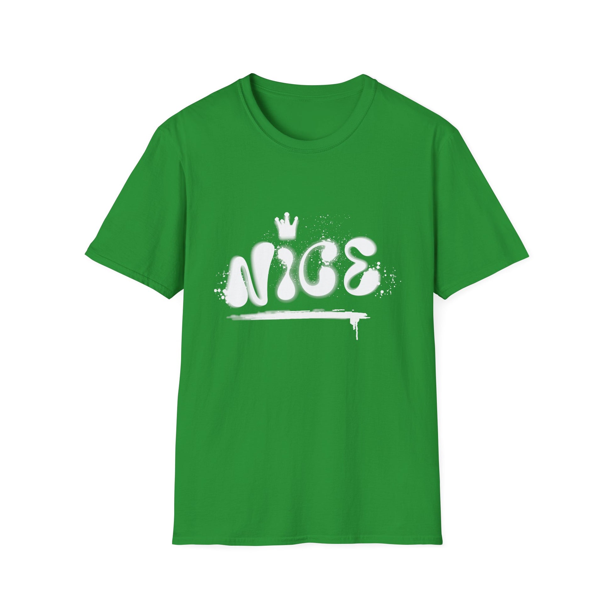 Green hip hop t-shirt with 'NICE' spray painted on the front.