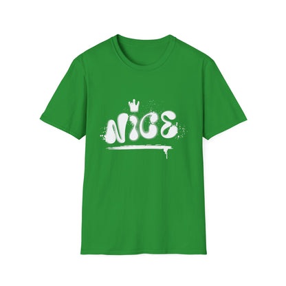 Green hip hop t-shirt with 'NICE' spray painted on the front.