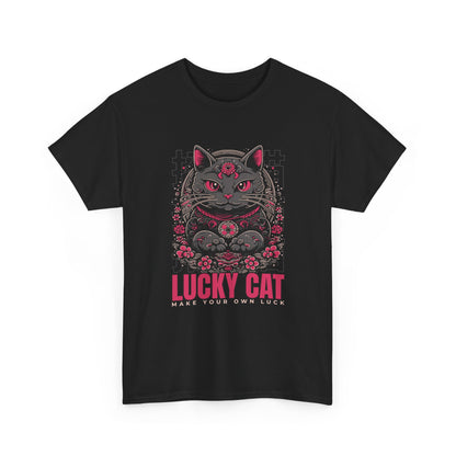 A black t-shirt with a Japanese Meneki-neko cat graphic and the text 'Lucky Cat' on a white background.
