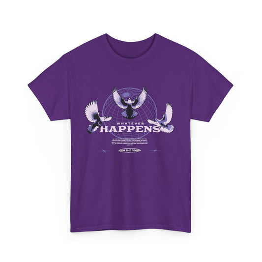 A purple graphic t-shirt with doves in flight around a geometric globe and 'Whatever Happens' text.