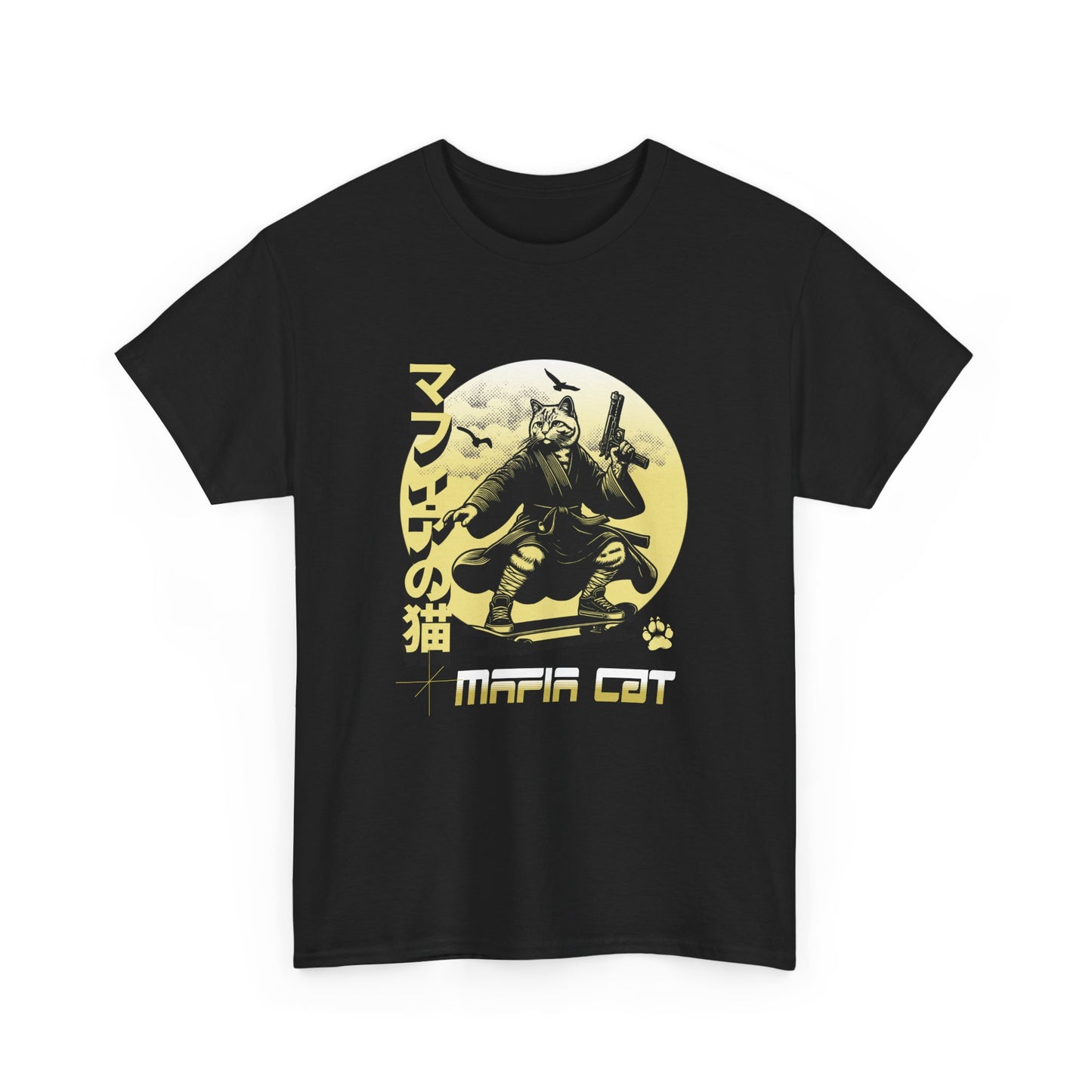 Black t-shirt with a gold graphic of a cat in a martial arts pose and 'Mafia Cat' text on a white background.